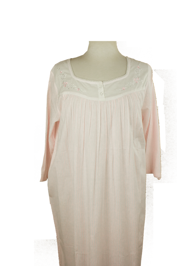 French Country - Stripe Cotton Long Sleeve  Nightie | Pink