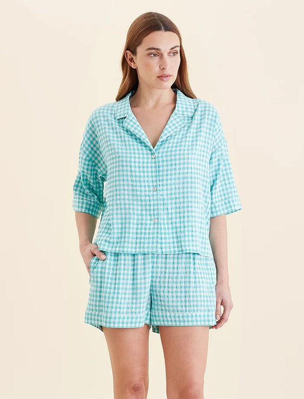Papinelle - Seersucker Gingham Boxer PJ Set | Blue Turquoise