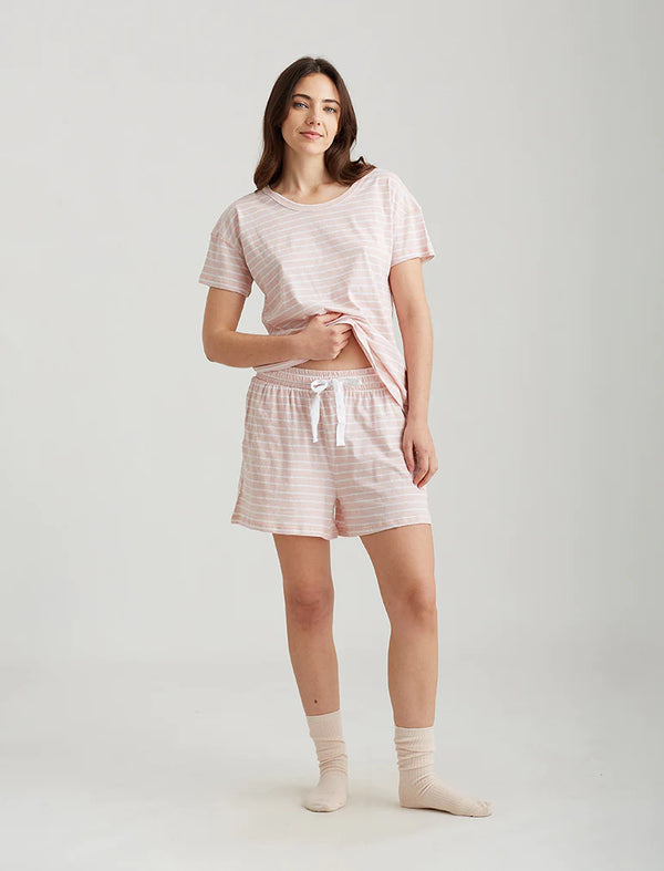 Pink Seersucker-Navy ~ Cotton Short Sleeve Shorty Pajamas