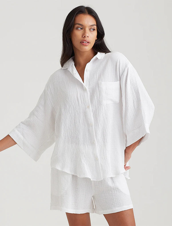 Papinelle - Ashley Textured Short Sleeve  Oversized Shirt | White