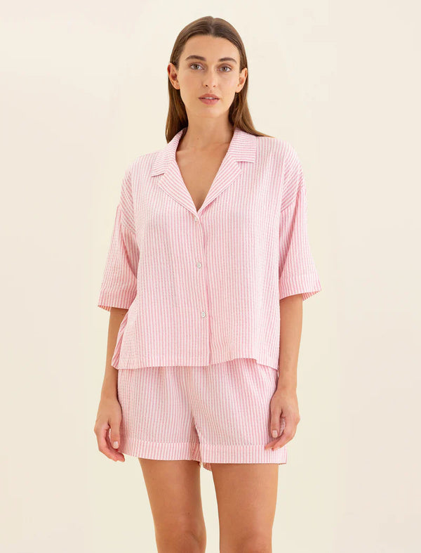 Papinelle - Sabine Seersucker Stripe Boxer PJ & Bow Scrunchie | Pink/White Stripe