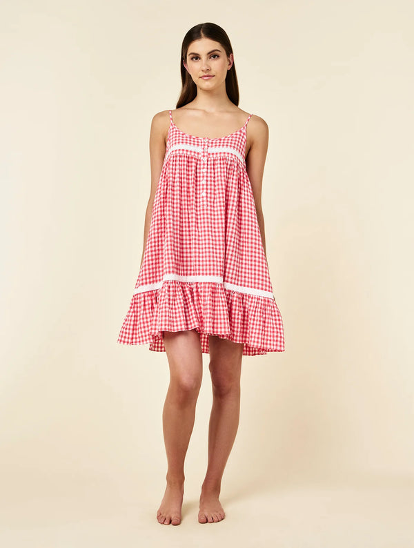 Papinelle - Seersucker Gingham Lace Trim Strappy Nightie | Geranium