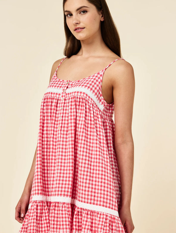 Papinelle - Seersucker Gingham Lace Trim Strappy Nightie | Geranium
