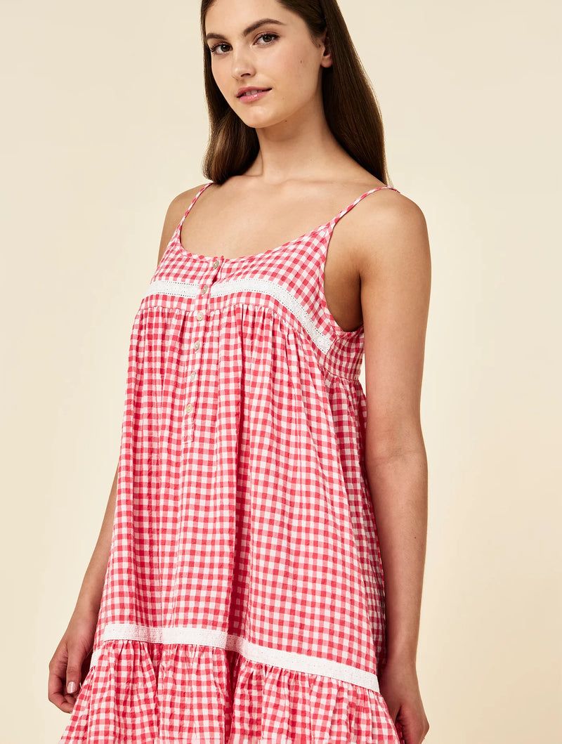 Papinelle - Seersucker Gingham Lace Trim Strappy Nightie | Geranium