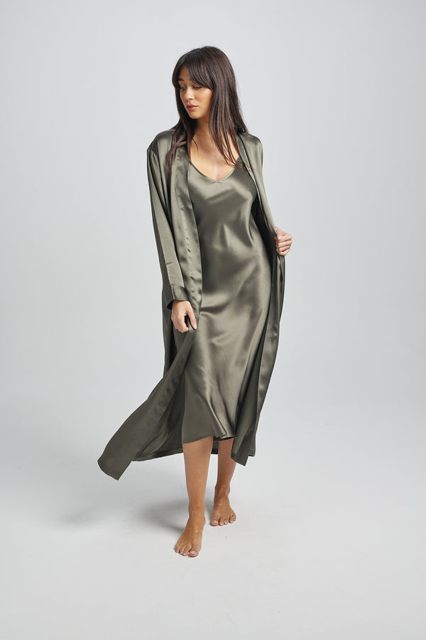 Love & Lustre - Long Silk Robe | Olive