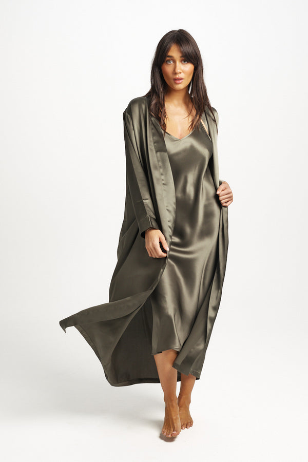 Love & Lustre - Long Silk Robe | Olive