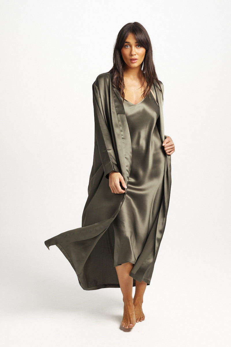 Love & Lustre - Long Silk Robe | Olive