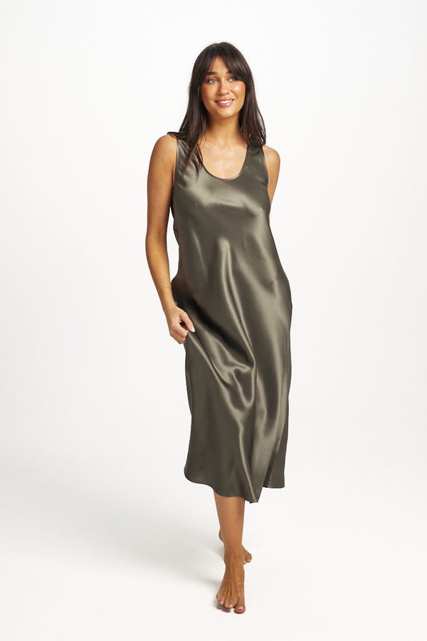 Love & Lustre - Mono Silk Long Nightie | Olive