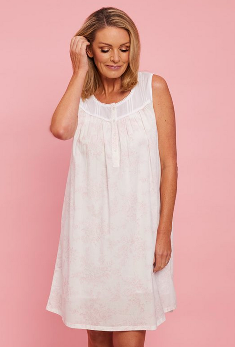 French Country - Toile Roses Sleeveless Cotton Nightie | Pink